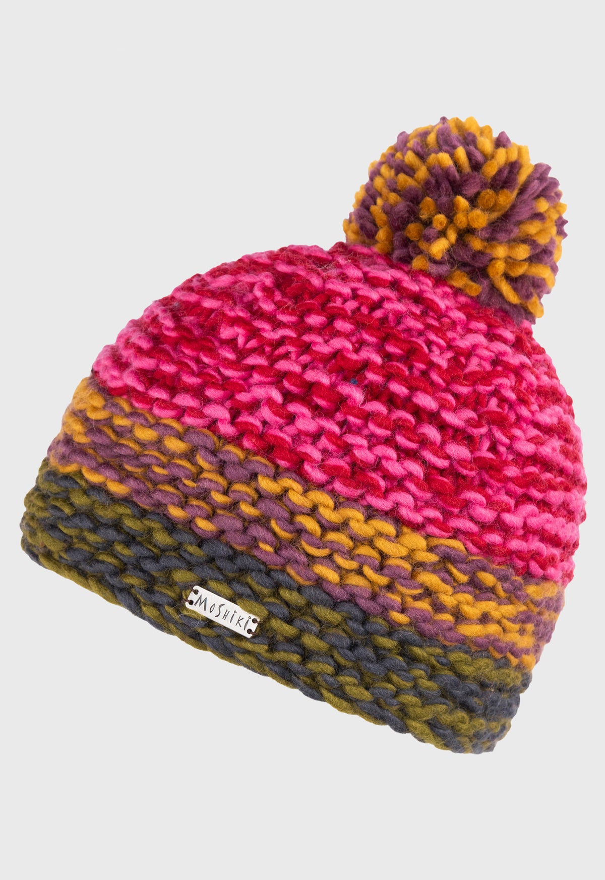 Dinesh Beanie – Bunte, handgestrickte Bommelmütze aus 100 % Naturwolle