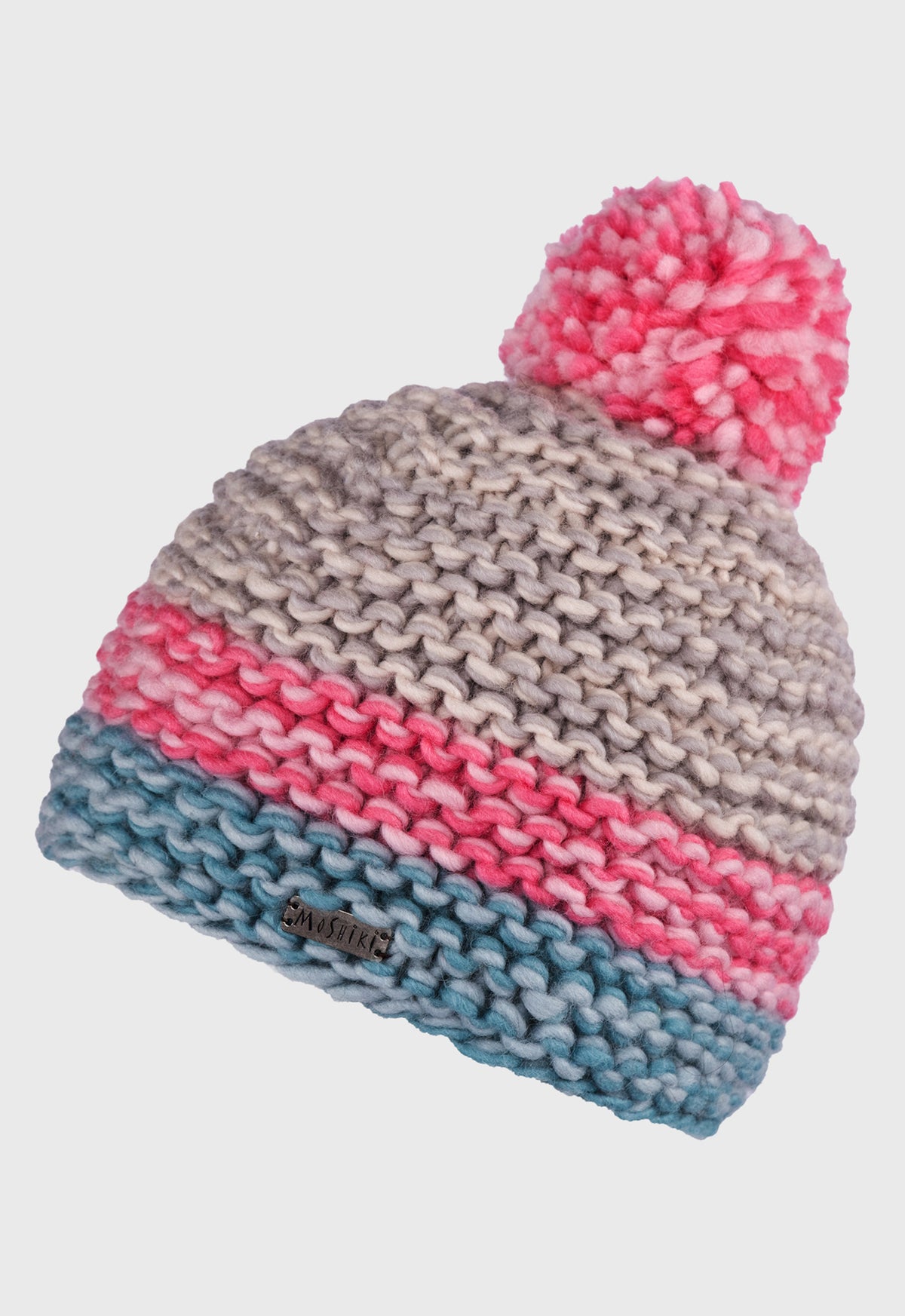 Dinesh Beanie – Bunte, handgestrickte Bommelmütze aus 100 % Naturwolle