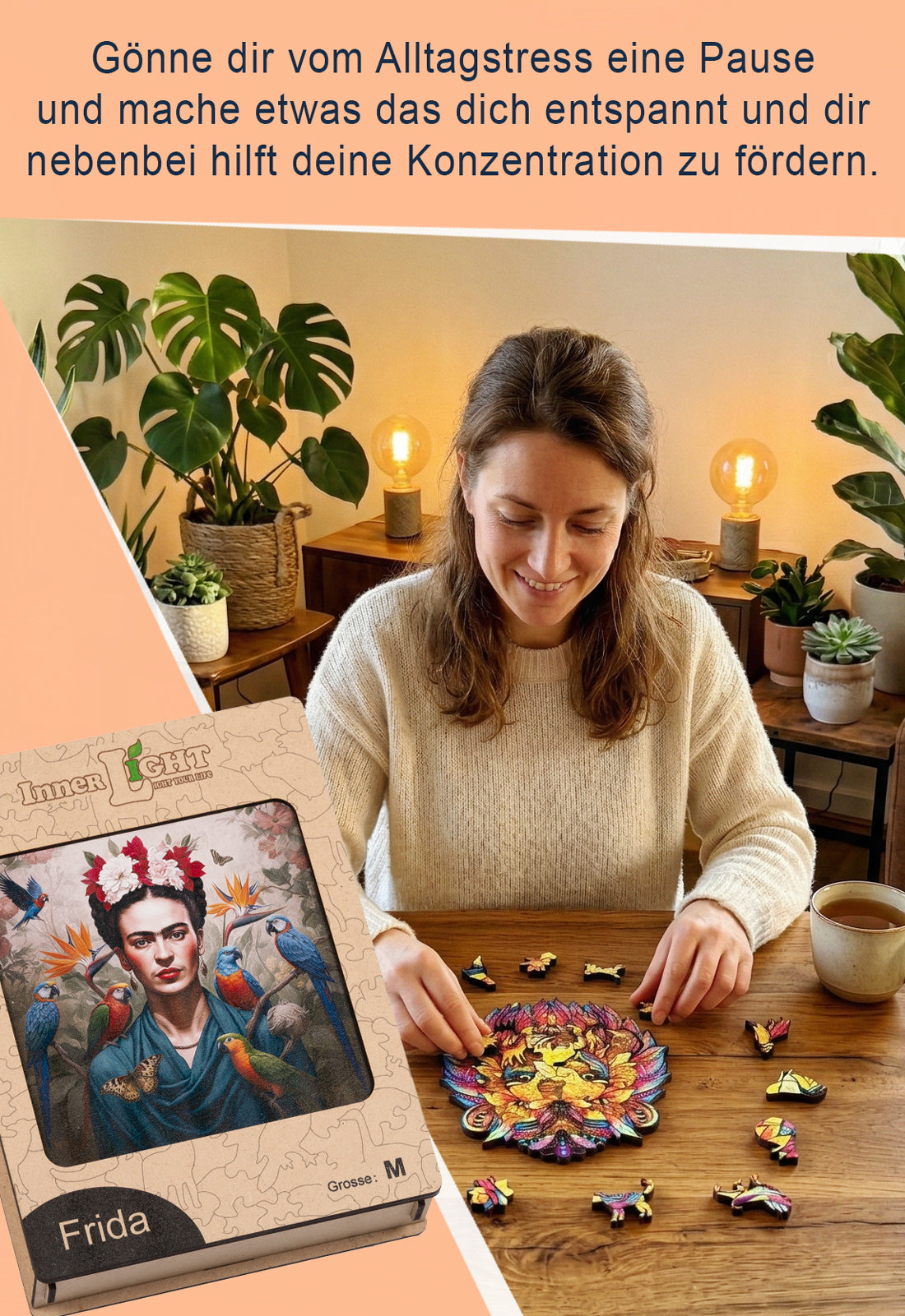Frida – Ikonisches Porträt im Stil von Frida Kahlo als hochwertiges Holzpuzzle