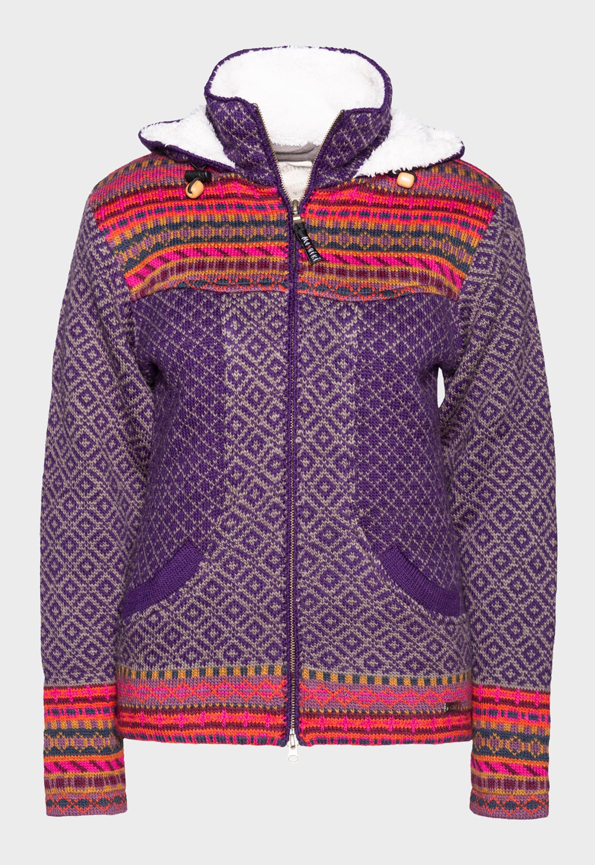 Miranya Jacket – gemusterte Wolljacke mit Kapuze und Plüschfutter