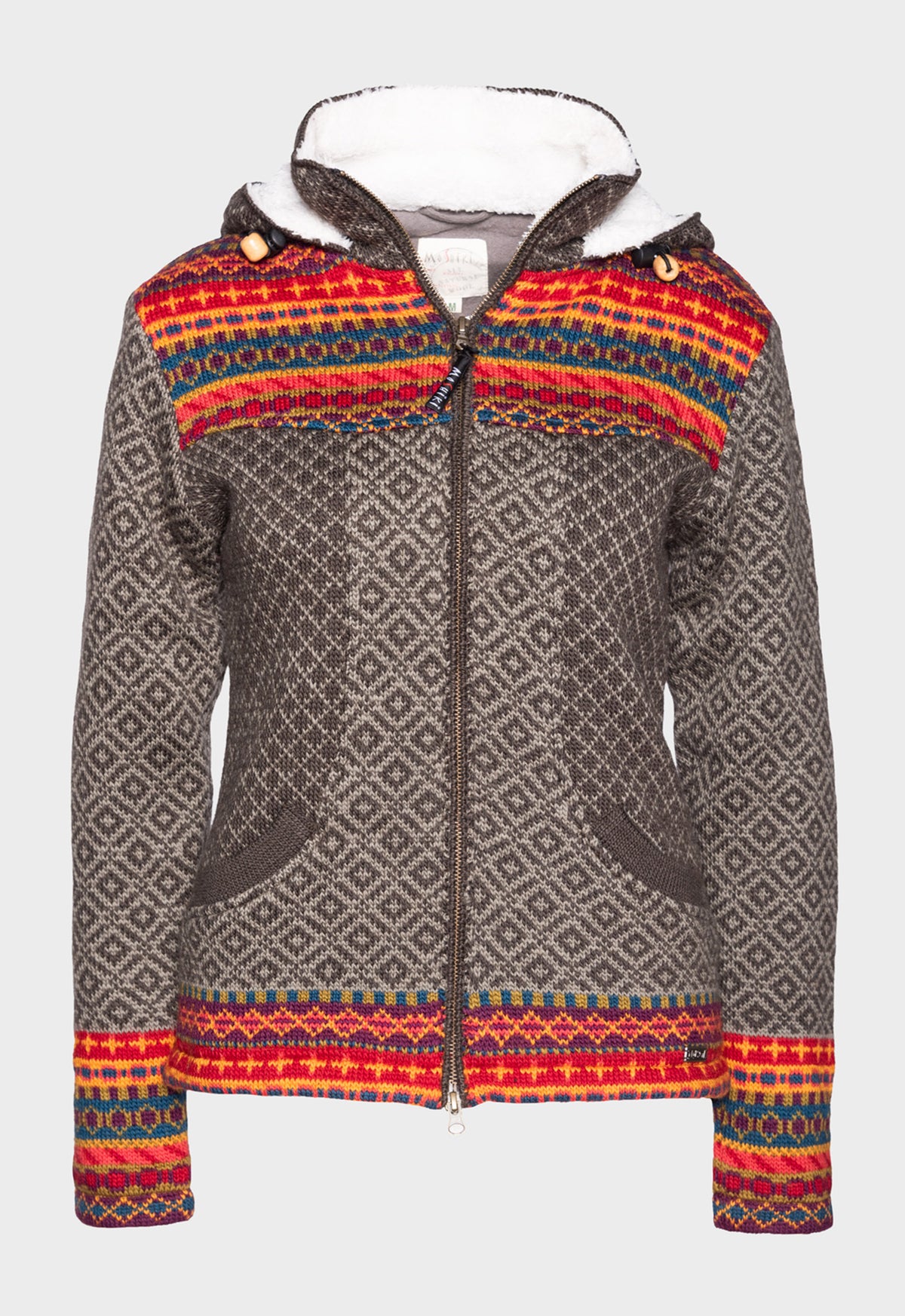 Miranya Jacket – gemusterte Wolljacke mit Kapuze und Plüschfutter