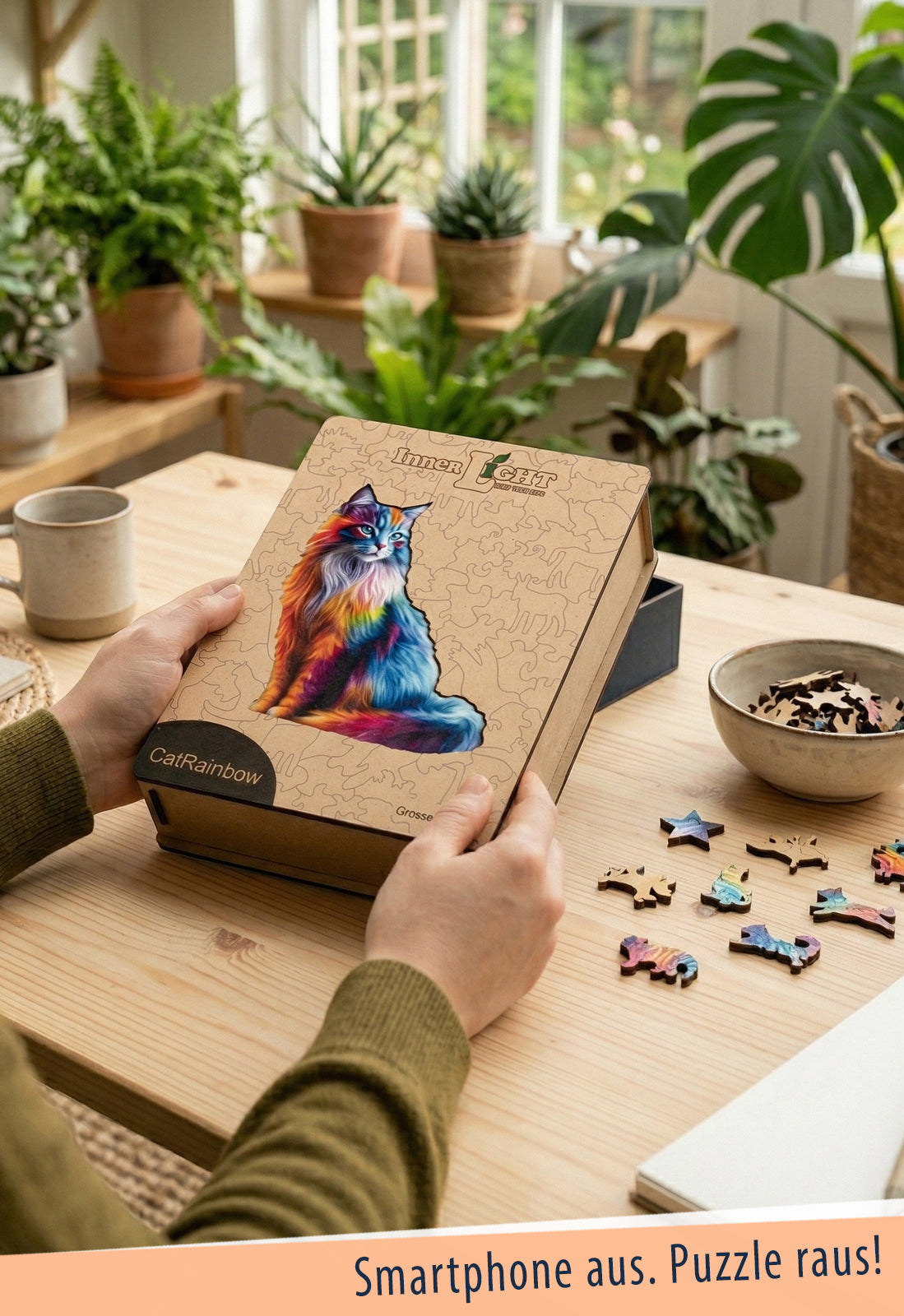 Cat Rainbow – Farbenfrohes Katzenmotiv als hochwertiges Holzpuzzle