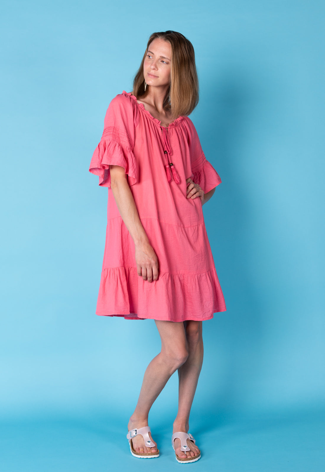 Tiered dress with cap sleeves and tie detail - S25Dress-NC3