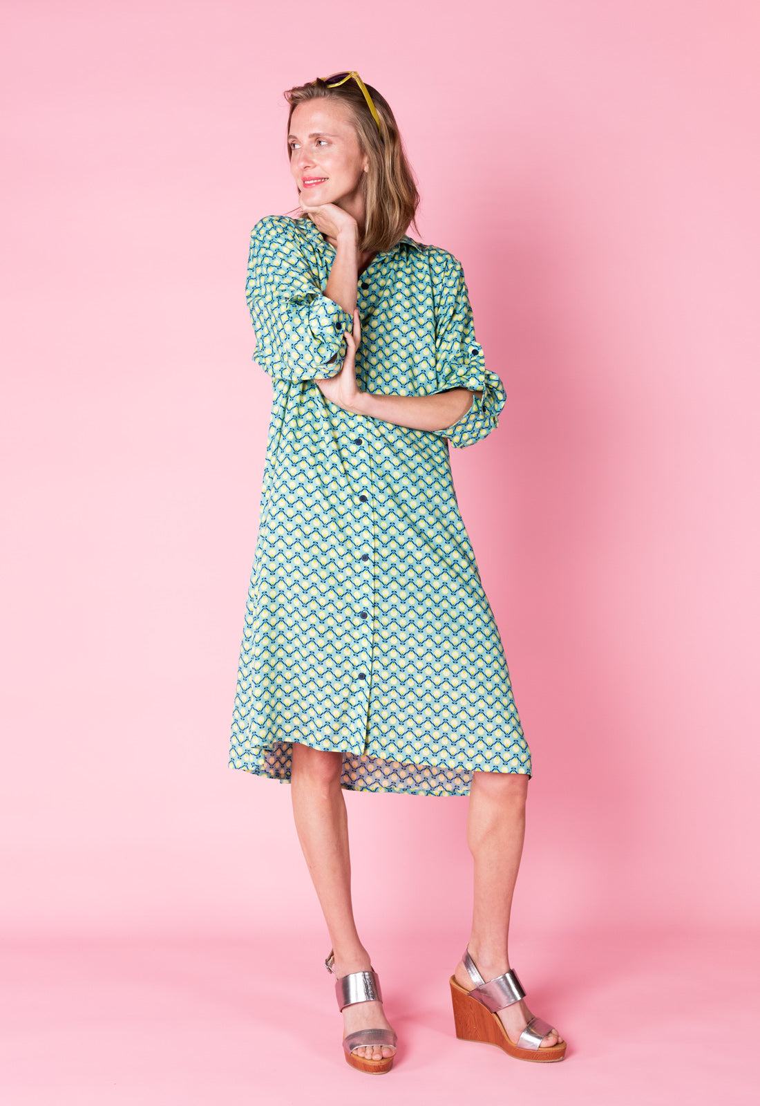 Elegant shirt dress with high-low hem and side pockets - S25Dress-R1