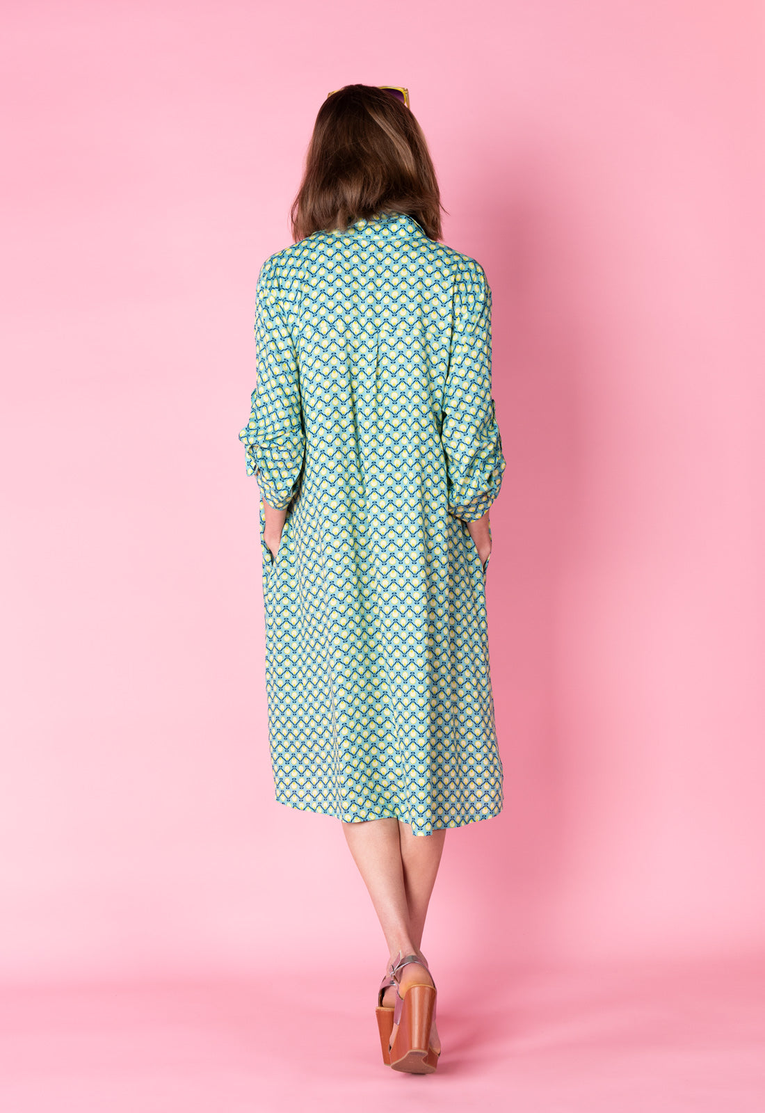Elegant shirt dress with high-low hem and side pockets - S25Dress-R1