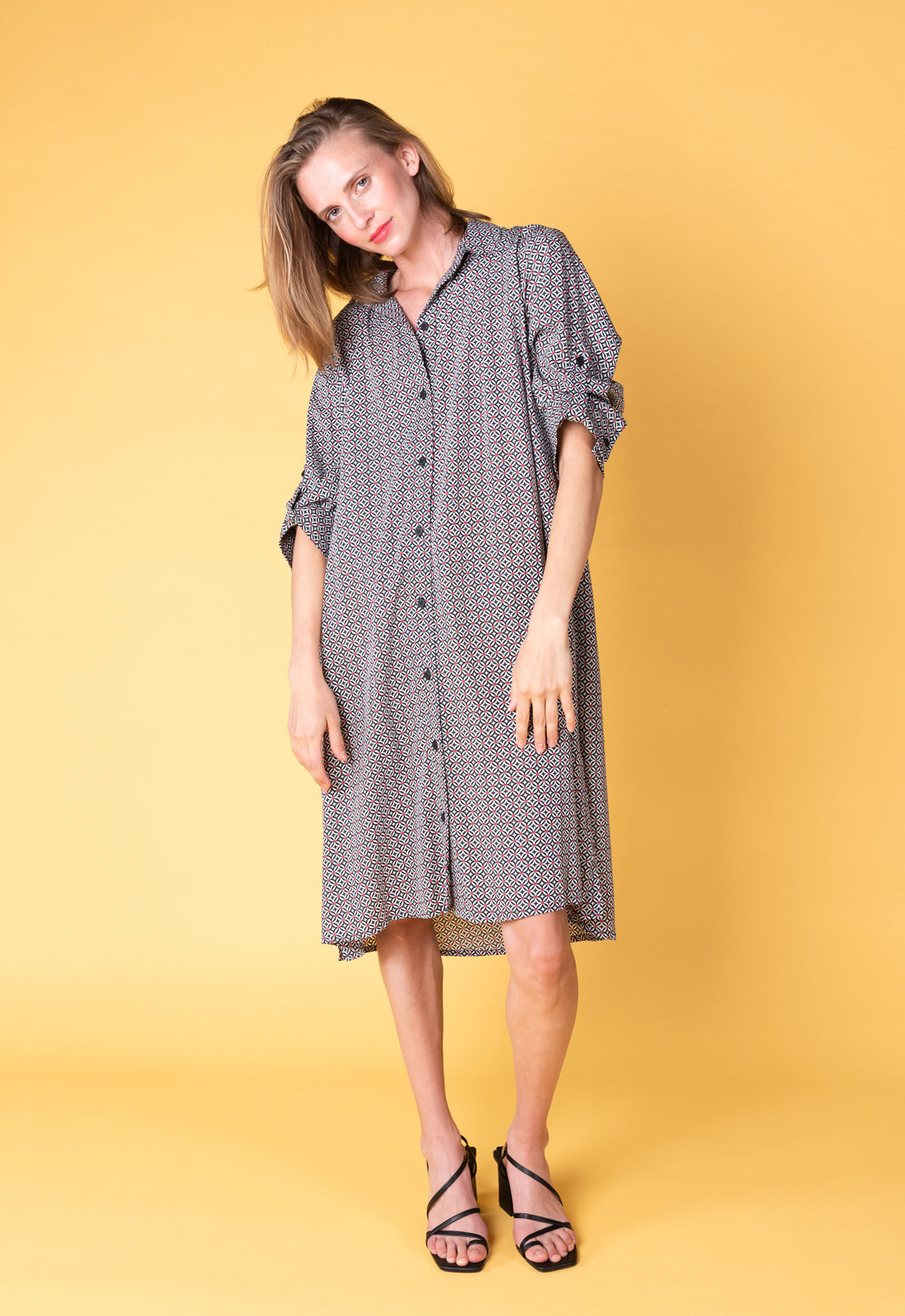 Elegant shirt dress with high-low hem and side pockets - S25Dress-R1
