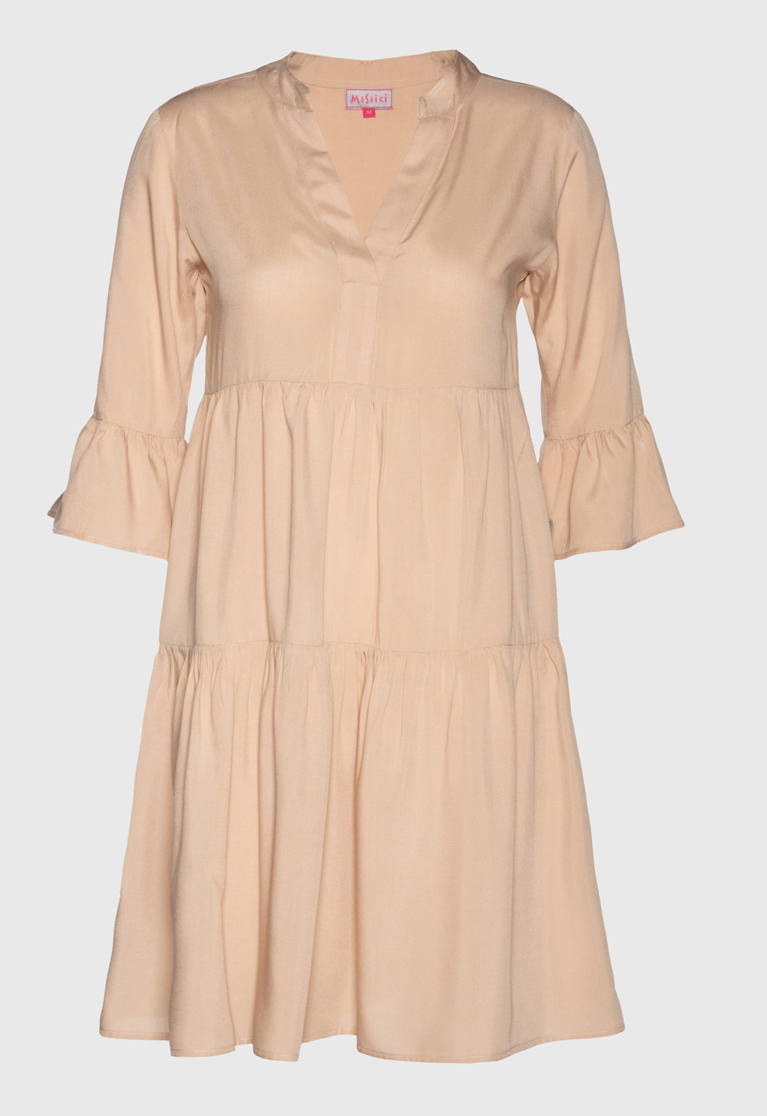 Tiered dress with trumpet sleeves and deep V-neck - S25Dress-R2