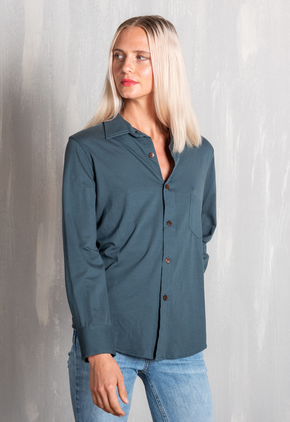 W25Blouse-G1 – Klassische Jerseybluse mit Knopfleiste – GOTS-zertifiziert