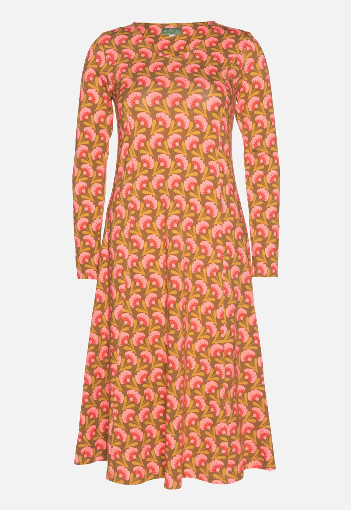 W26Dress-OC4 – langes Bio-Baumwollkleid mit V-Ausschnitt und Prinzessnähten