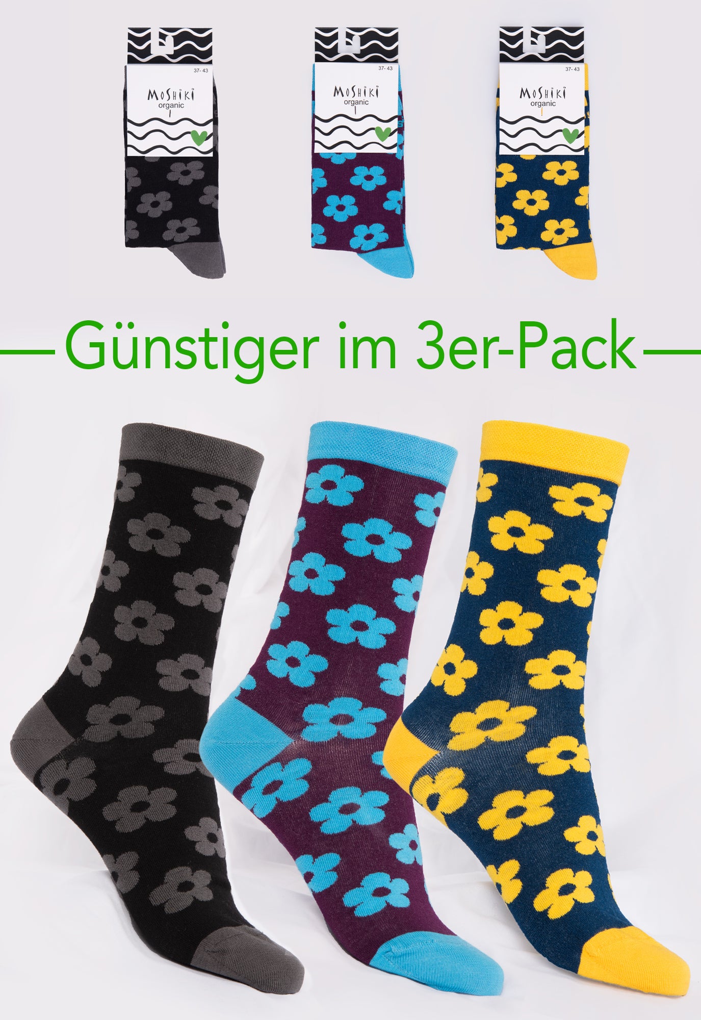 3er Pack Mix - Socken aus Biobaumwollemix - Yofi Tofi Flowers